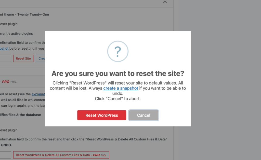 Reset a WordPress site Confirmation